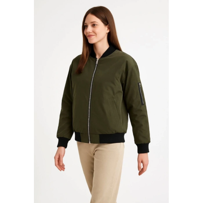 Içi Astarlı Fermuarlı Bomber ont Ceket  Haki