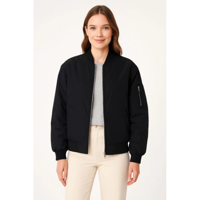 Içi Astarlı Fermuarlı Bomber ont Ceket  iyah