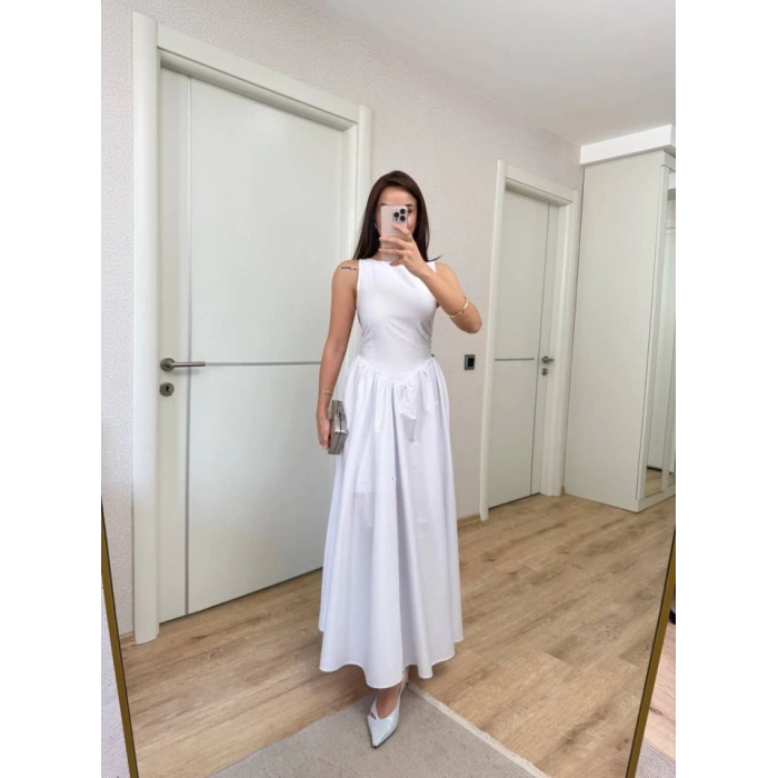 ifir Kol Beli Oturtmalı Kolsuz Uzun Elbise  Beyaz