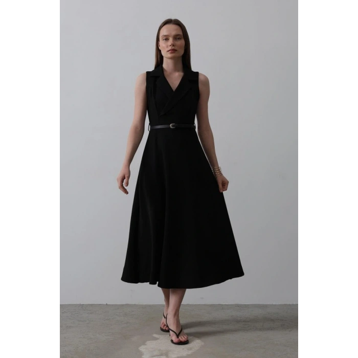 ıfır Kollu Kemer Detaylı Elbise  iyah