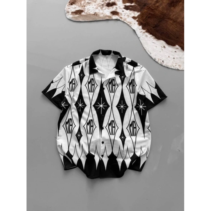 İki İplik Kumaş Baskılı Gömlek  Beyaz