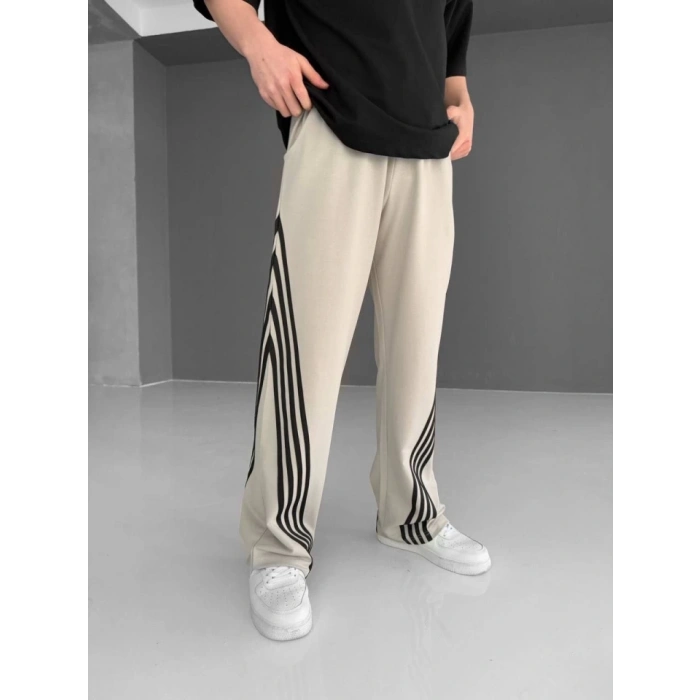 İki İplik Kumaş Şeritli Alt Esofman  Bej