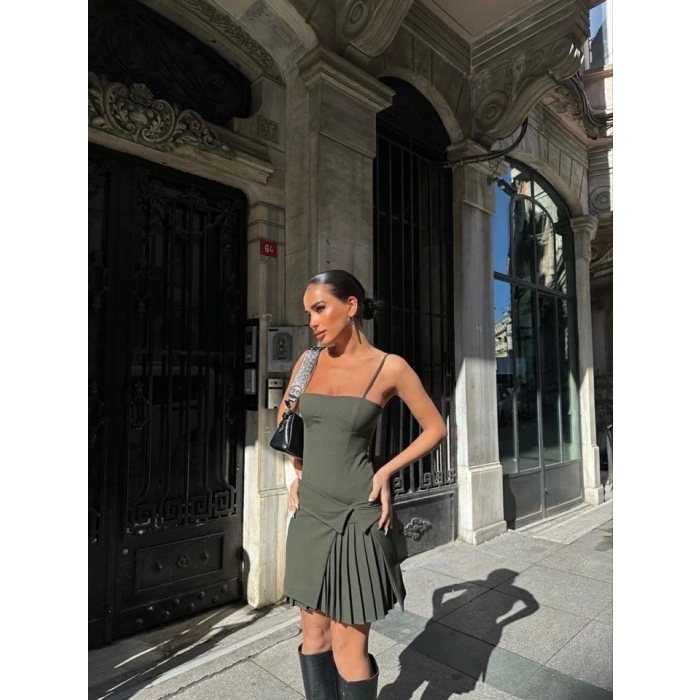 İki Parçalı Pileli Askılı Mini Elbise  Haki