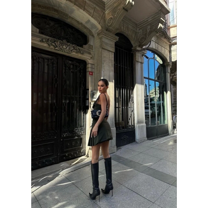 İki Parçalı Pileli Askılı Mini Elbise  Haki