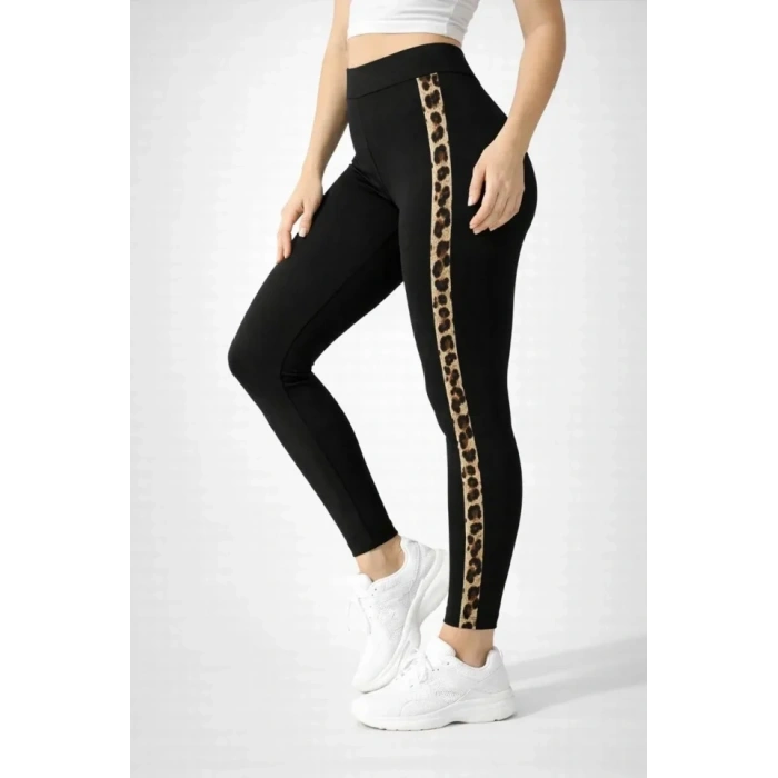 ikralı Yan eopar Şeritli Detaylı Tayt  iyah