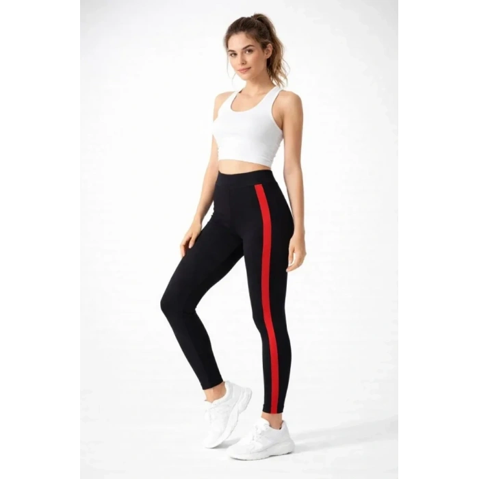 ikralı Yan Kırmızı Şeritli Detaylı Tayt  iyah
