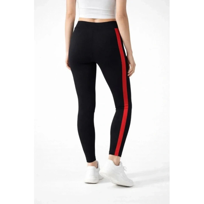 ikralı Yan Kırmızı Şeritli Detaylı Tayt  iyah