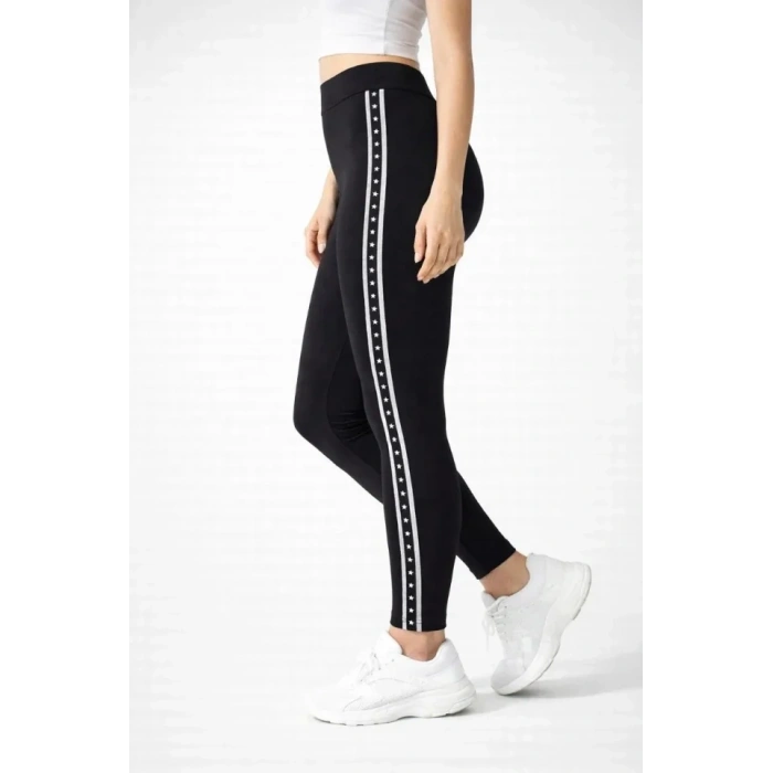 ikralı Yan Yıldız Şeritli Detaylı Tayt  iyah