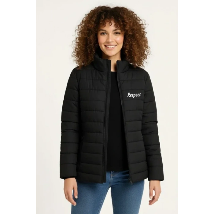 ikro u İtici Kapitone Baskılı Astarlı Fermuarlı Bomber ont  iyah