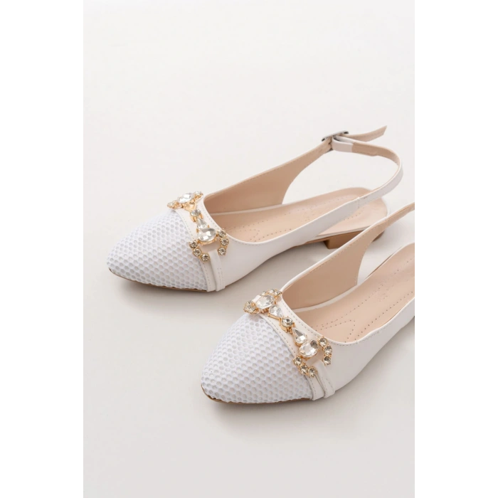 İNF-120 Beyaz Günlük Fileli Taş Aksesuarlı Kadın Babet