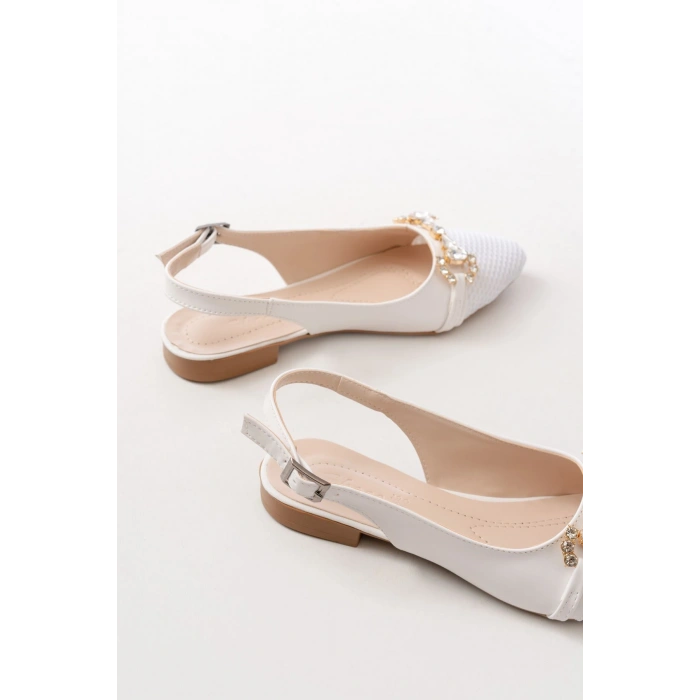 İNF-120 Beyaz Günlük Fileli Taş Aksesuarlı Kadın Babet