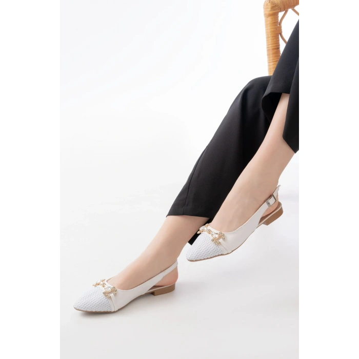 İNF-120 Beyaz Günlük Fileli Taş Aksesuarlı Kadın Babet