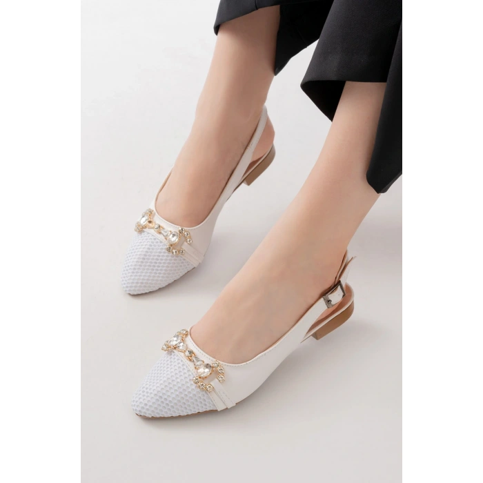 İNF-120 Beyaz Günlük Fileli Taş Aksesuarlı Kadın Babet