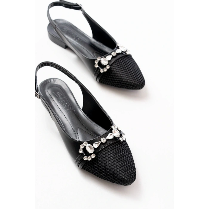 İNF-120 Siyah Günlük Fileli Taş Aksesuarlı Kadın Babet