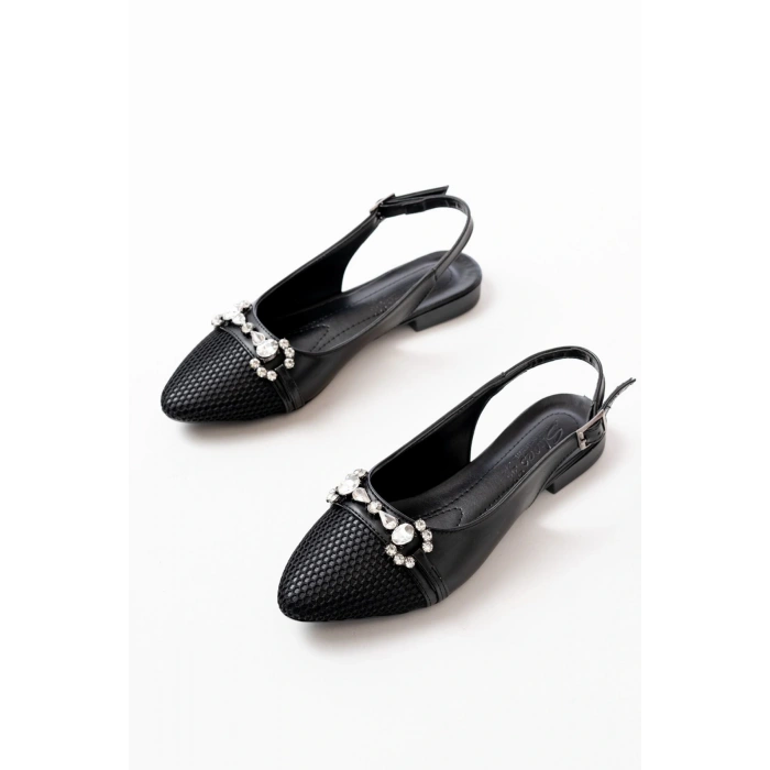 İNF-120 Siyah Günlük Fileli Taş Aksesuarlı Kadın Babet