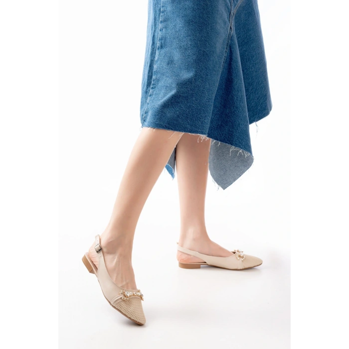 İNF-120 Ten Günlük Fileli Taş Aksesuarlı Kadın Babet