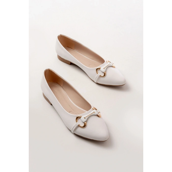 İNF-129 Beyaz Günlük Taş Aksesuarlı Babet