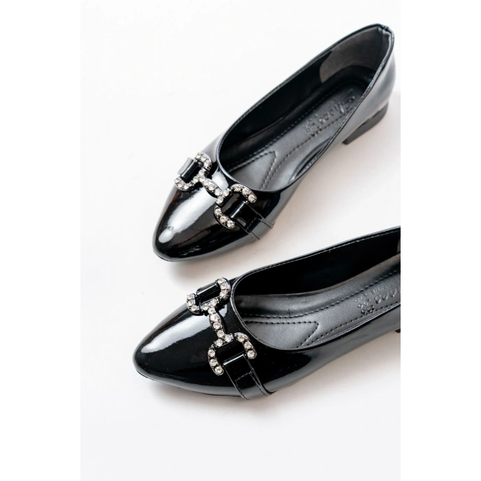 İNF-133 Siyah Rugan Taşlı Tokalı Günlük Kadın Babet