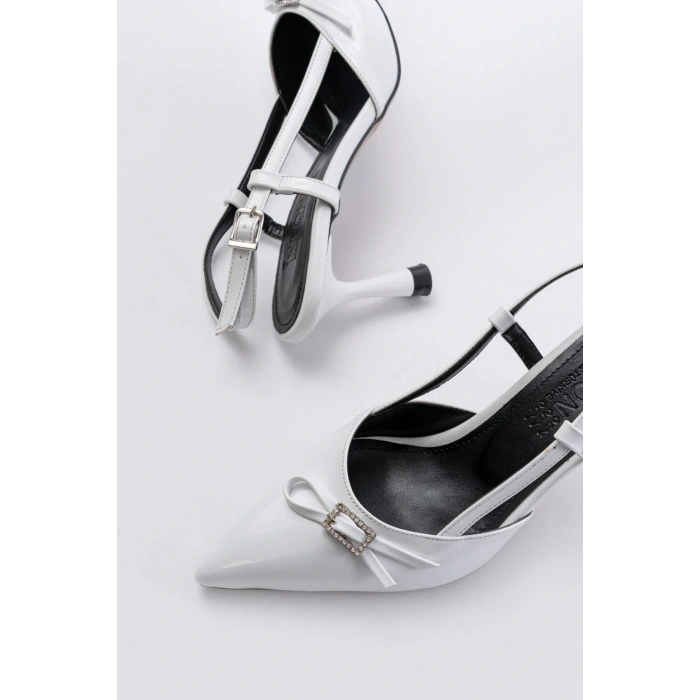 İNF-2300 Beyaz Rugan Günlük Arkası Açık Fiyonklu Topuklu Bayan Ayakkabı