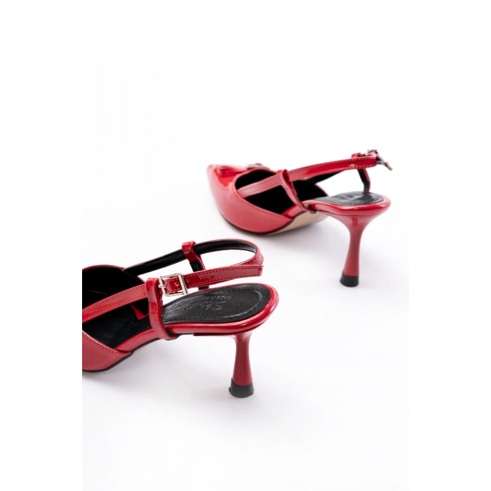 İNF-2300 Kırmızı Rugan Günlük Arkası Açık Fiyonklu Topuklu Bayan Ayakkabı