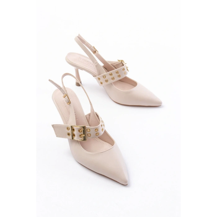 İNF-260 Bej Günlük Arkası Açık Baret Tokalı Topuklu Bayan Ayakkabı