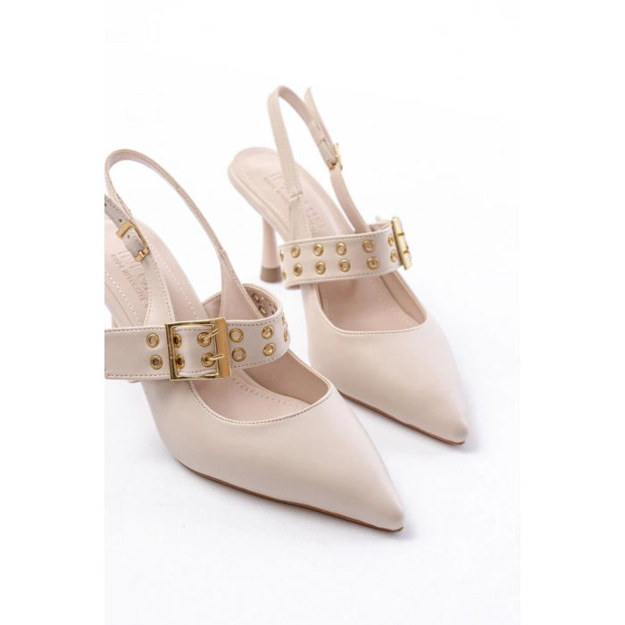 İNF-260 Bej Günlük Arkası Açık Baret Tokalı Topuklu Bayan Ayakkabı