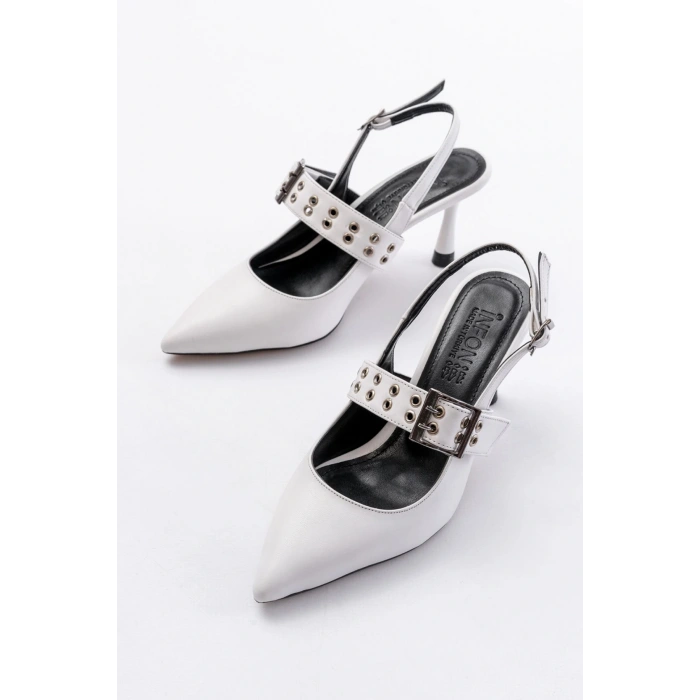 İNF-260 Beyaz Günlük Arkası Açık Baret Tokalı Topuklu Bayan Ayakkabı