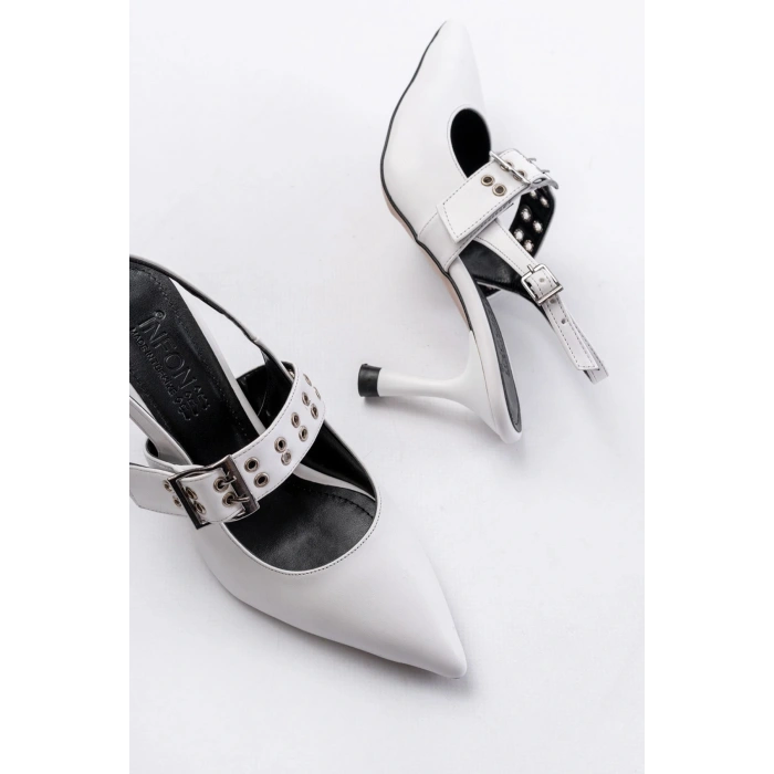 İNF-260 Beyaz Günlük Arkası Açık Baret Tokalı Topuklu Bayan Ayakkabı