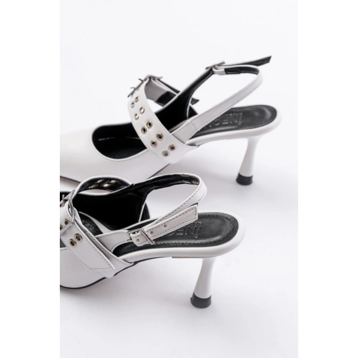 İNF-260 Beyaz Günlük Arkası Açık Baret Tokalı Topuklu Bayan Ayakkabı