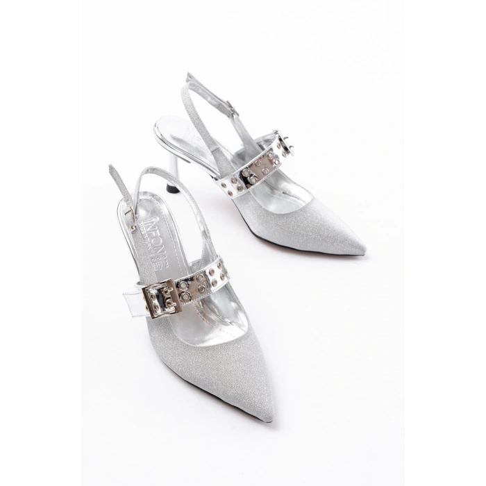 İNF-260 Gümüş Simli Günlük Arkası Açık Baret Tokalı Topuklu Bayan Ayakkabı