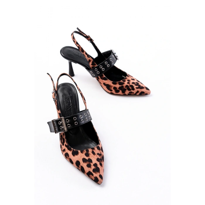 İNF-260 Siyah Leopar Günlük Arkası Açık Baret Tokalı Topuklu Bayan Ayakkabı