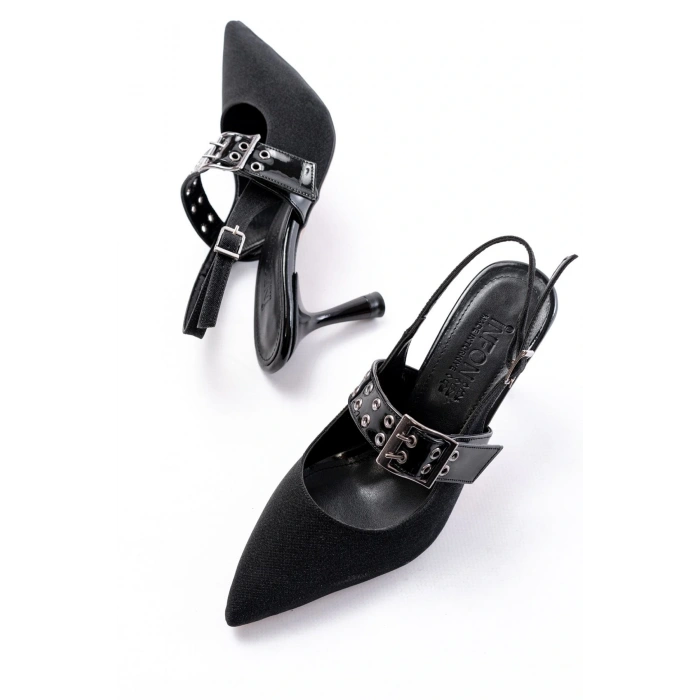 İNF-260 Siyah Simli Günlük Arkası Açık Baret Tokalı Topuklu Bayan Ayakkabı