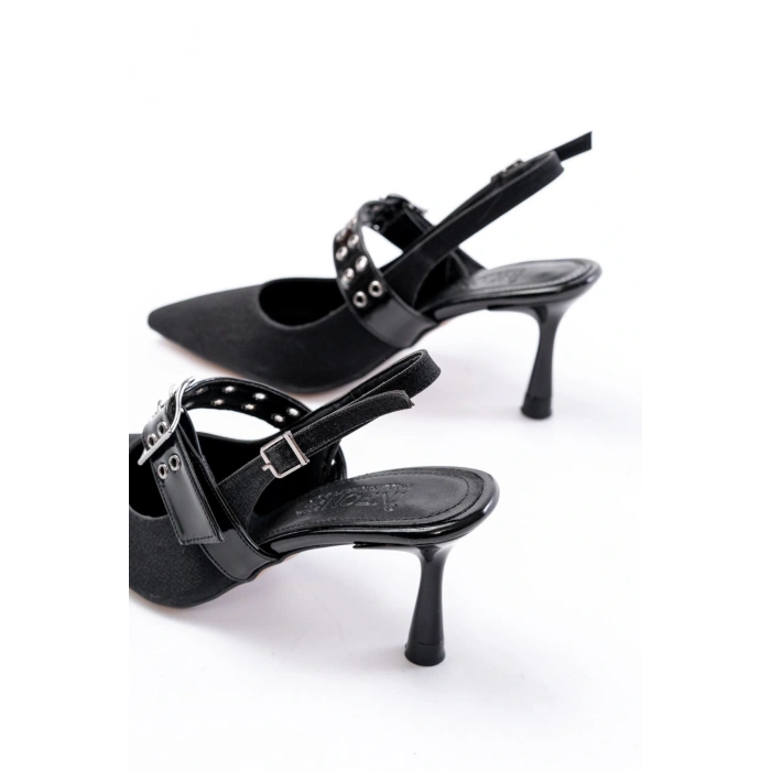 İNF-260 Siyah Simli Günlük Arkası Açık Baret Tokalı Topuklu Bayan Ayakkabı