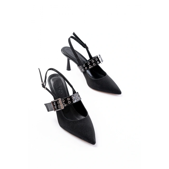 İNF-260 Siyah Simli Günlük Arkası Açık Baret Tokalı Topuklu Bayan Ayakkabı