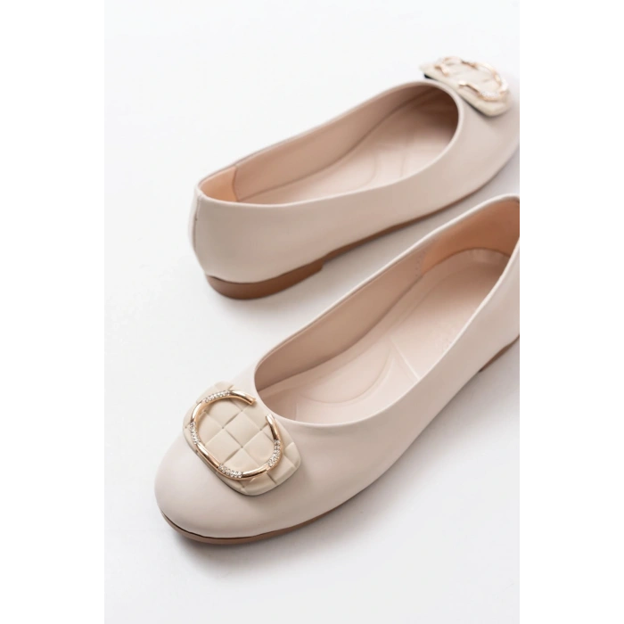 İNF-325 Bej Tokalı Aksesuarlı Günlük Kadın Babet