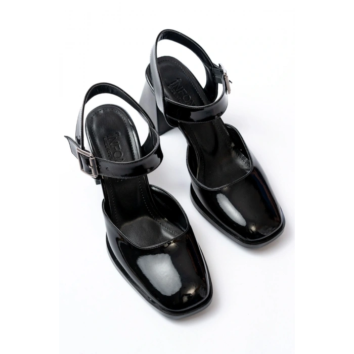 İNF-40450 Siyah Rugan Günlük Arkası Açık Topuklu Bayan Ayakkabı