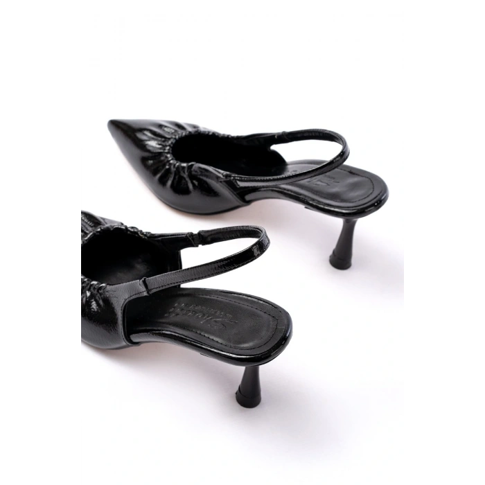 İNF-40451 Siyah Kırışık Rugan Günlük Arkası Açık Topuklu Bayan Ayakkabı