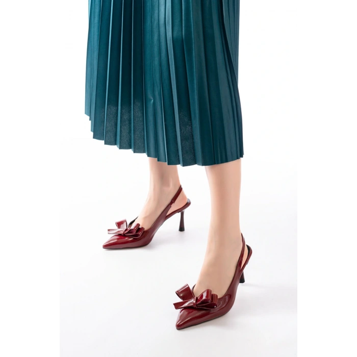 İNF-4501 Bordo Rugan Günlük Arkası Açık Fiyonklu Topuklu Bayan Ayakkabı