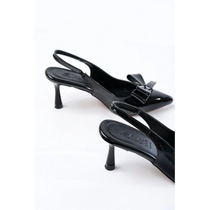 İNF-4501 Siyah Rugan Günlük Arkası Açık Fiyonklu Topuklu Bayan Ayakkabı