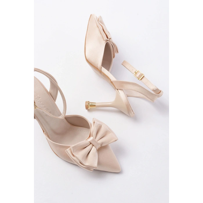 İNF-4505 Bej Saten Günlük Arkası Açık Kurdele detaylı Topuklu Bayan Ayakkabı