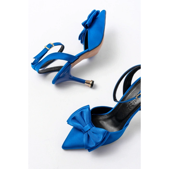 İNF-4505 Mavi Saten Günlük Arkası Açık Kurdele detaylı Topuklu Bayan Ayakkabı