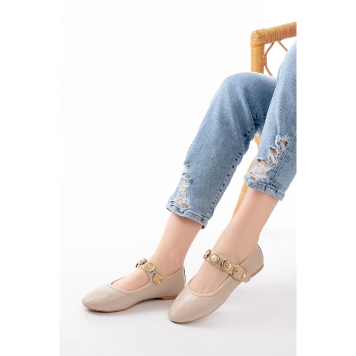 İNF-6363 Bej Baret Tokalı Günlük Bayan Ayakkabı