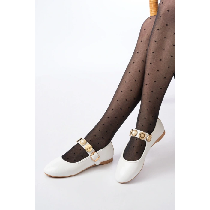 İNF-6363 Beyaz Baret Tokalı Günlük Bayan Ayakkabı