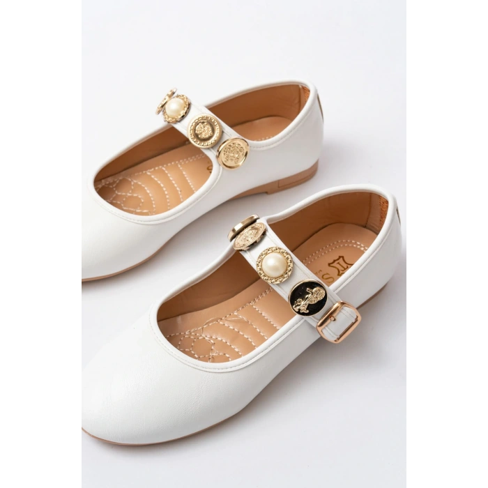 İNF-6363 Beyaz Baret Tokalı Günlük Bayan Ayakkabı