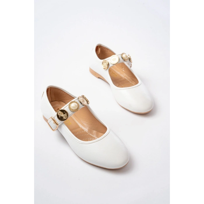 İNF-6363 Beyaz Baret Tokalı Günlük Bayan Ayakkabı