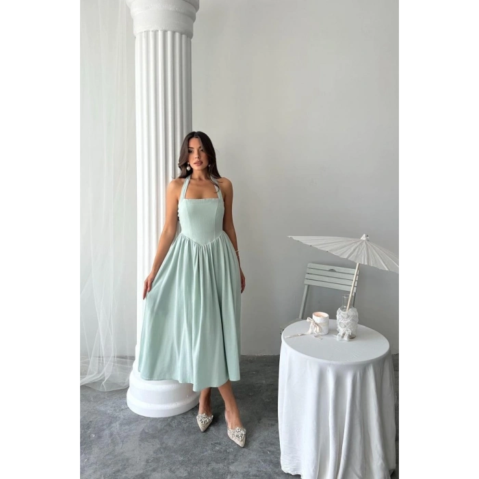 int Boyundan Bağlamalı Keten Elbise