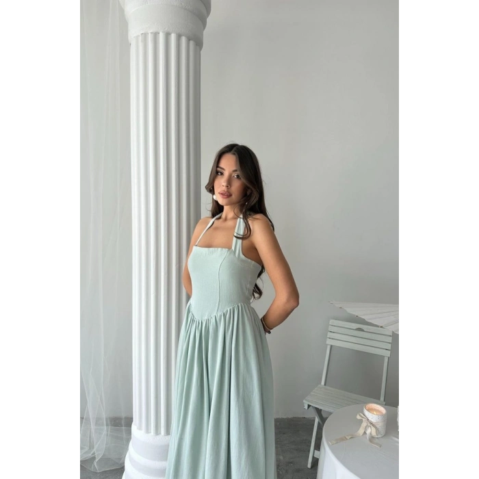 int Boyundan Bağlamalı Keten Elbise