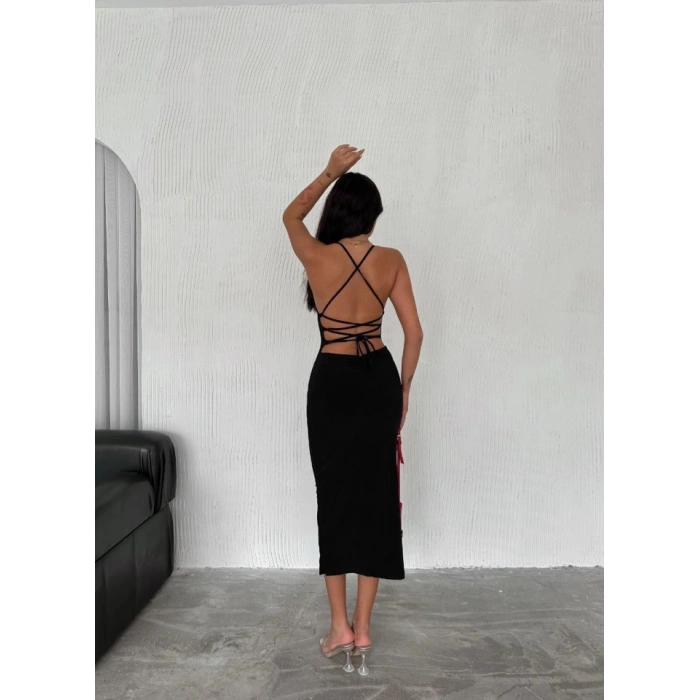 ırt Bağlamalı Derin Yirtmaç Askılı Elbise  iyah