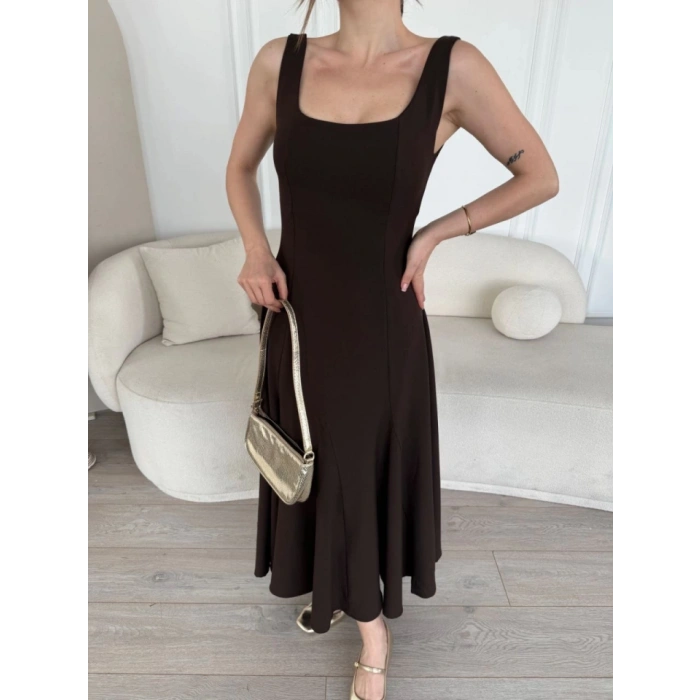 ırt Dekolteli Kolsuz Uzun Elbise  Kahverengi