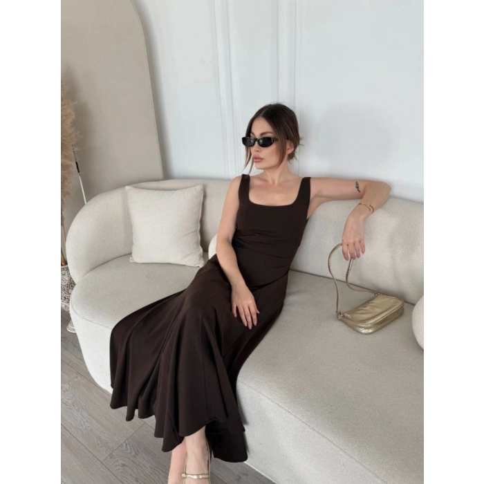 ırt Dekolteli Kolsuz Uzun Elbise  Kahverengi